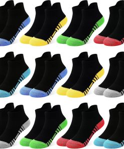 GENTABY 12 Pairs Boys Socks Kids Athletic Ankle Socks for Toddler 1-14Y | 75% cotton breathable mesh. reinforced heel & toe. heel pull loop. school sports daily.color-blocked spliced design
